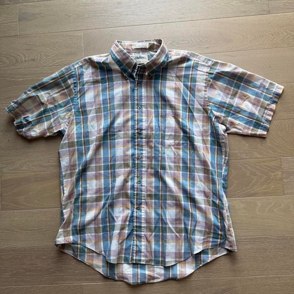 Andhurst Vintage Plaid Button Up Shirt Mens XL Blue Beige Short Sleeve Pocket